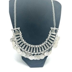 New Coin Bib/Collar Necklace Shiny Silver T. Very Detailed w Movement Statement
